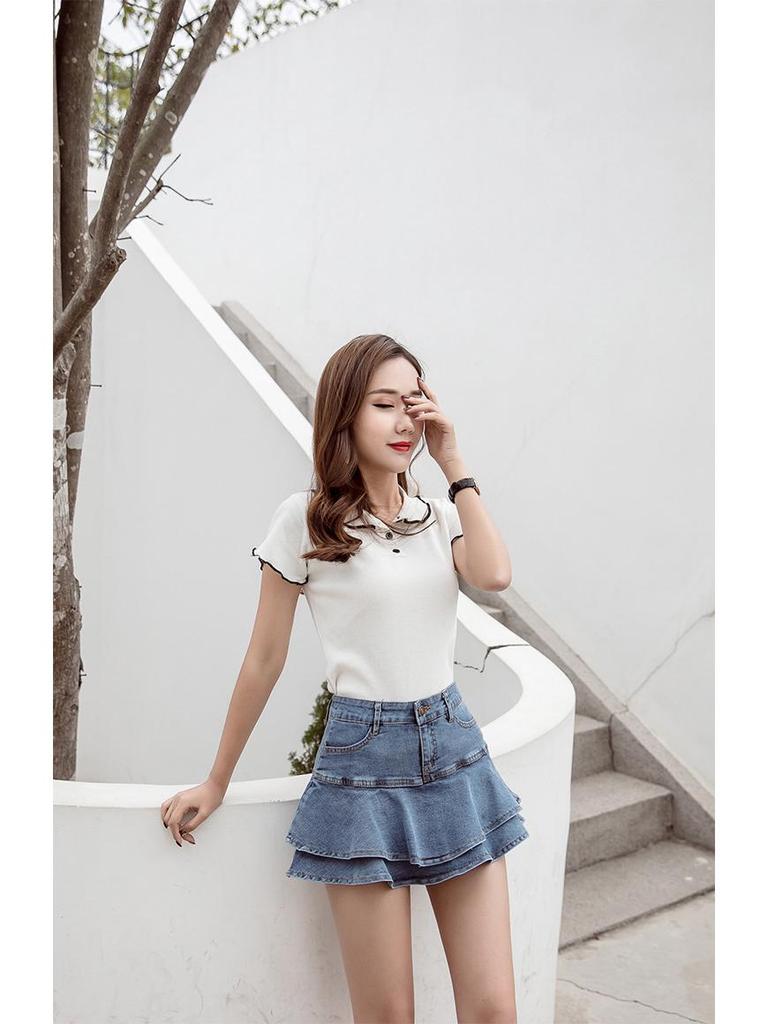 2023 Summer High-Waist Ruffled Denim Skirt Shorts for Petite Women: Sweet & Slimming