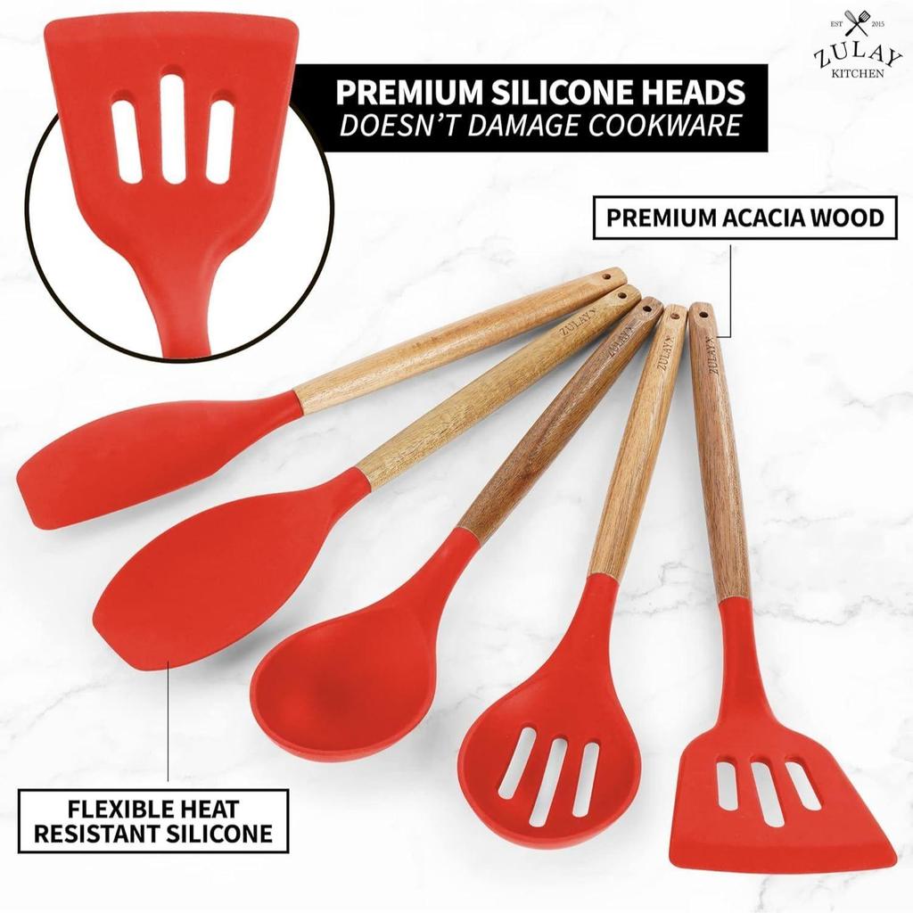 Non-Stick Silicone Cooking Utensils Set, 5 Pcs With Wooden Handle, Heat Resistant Silicone Kitchen Gadgets (Red, 5)