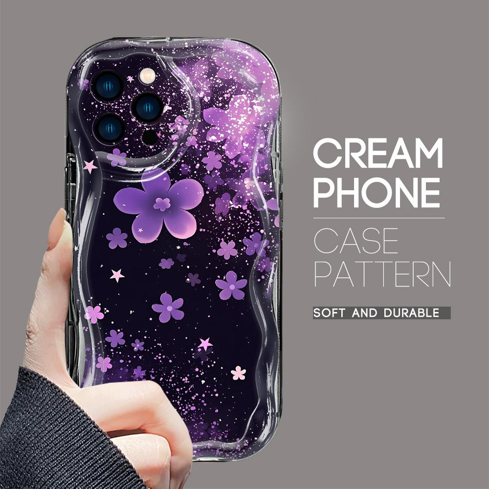 For iPhone 16 15 14 13 12 Samsung S24 S23 S22 A06 A13 A14 A15 A16 A55 Redmi Note 13 12 Fashion Star Flowers Cream Texture Wavy Edge Soft Phone Case