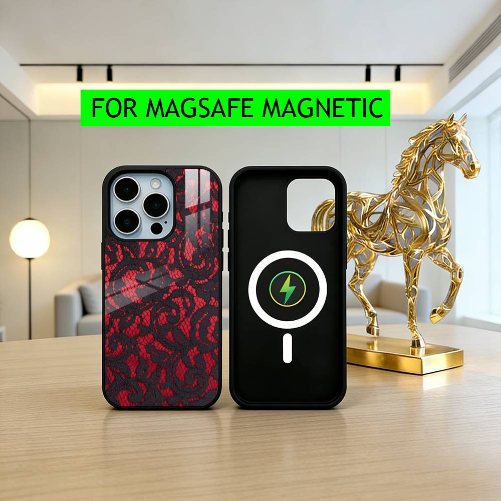 Beautful Black L-lace Print Phone Case For iPhone17,16,15,14,13,12,11 Plus,Pro Magnetic For Magsafe Wireless Charging