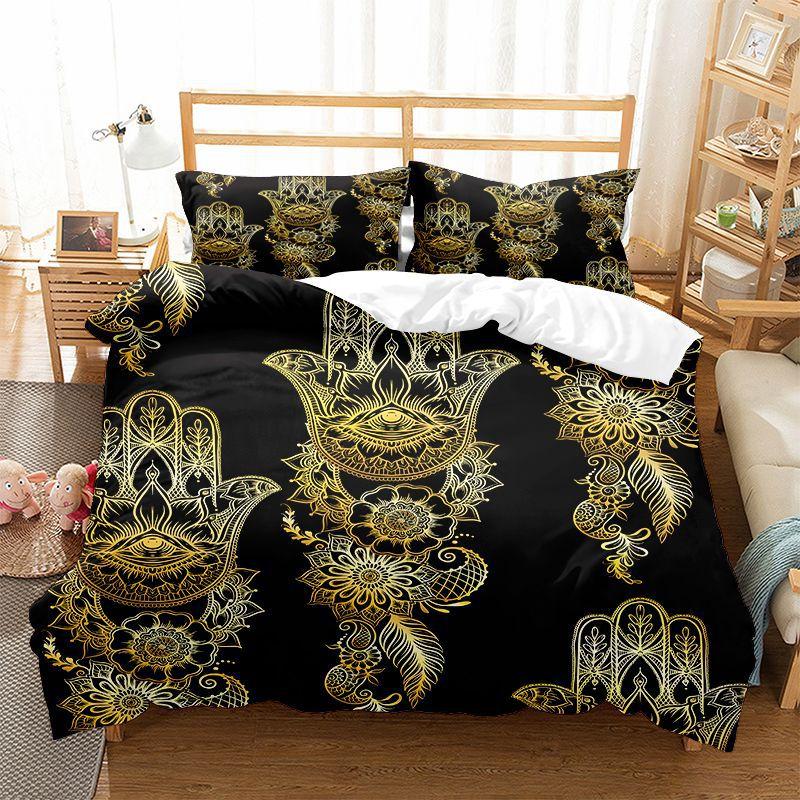 

Комплект постельного белья Hamsa Hand из микрофибры Golden Lucky Hand Of Fatima Bohemian, комплект постельного белья Black Gold, декор для комнаты Queen Room EU single(135x200cm)