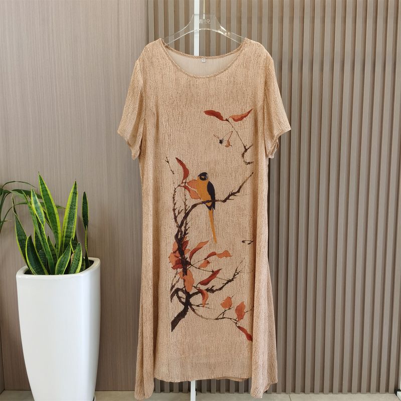 

Large Size Silk Dress Flower-Bird Pattern Elegant Graceful Loose Mid Waist Dress Female 2023 Summer New Arrival Yellow 4XL
