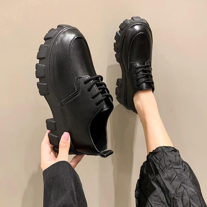 Moda fierbinte, clasici, negru, cu platformă, pantofi oxford, pantofi pentru femei, vară, toamnă, ocazional, pantofi cu șireturi, punk, gotic, din piele