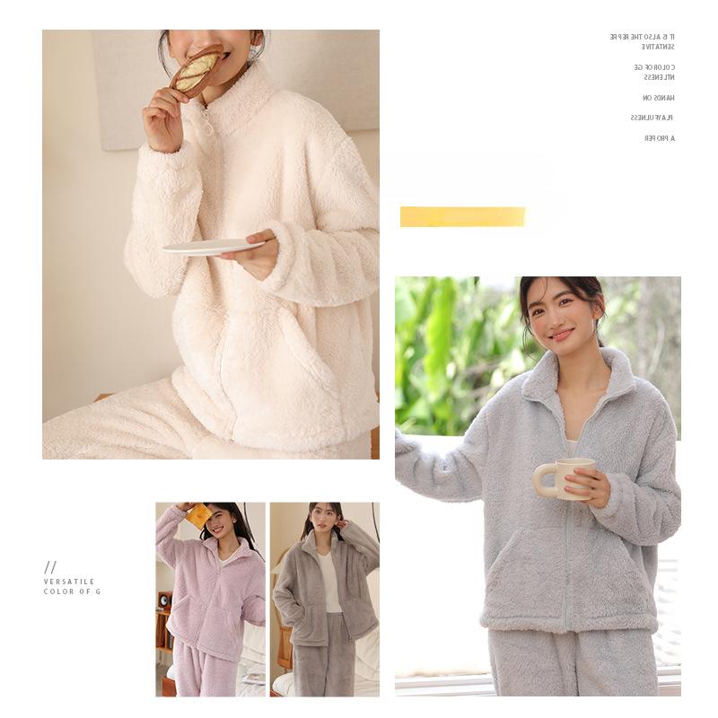 Autumn and Winter Home Wear Women Zipper Cardigan Can Wear Warm Velvet Pajamas Double-sided Velvet Warm Set Thick Plush Home