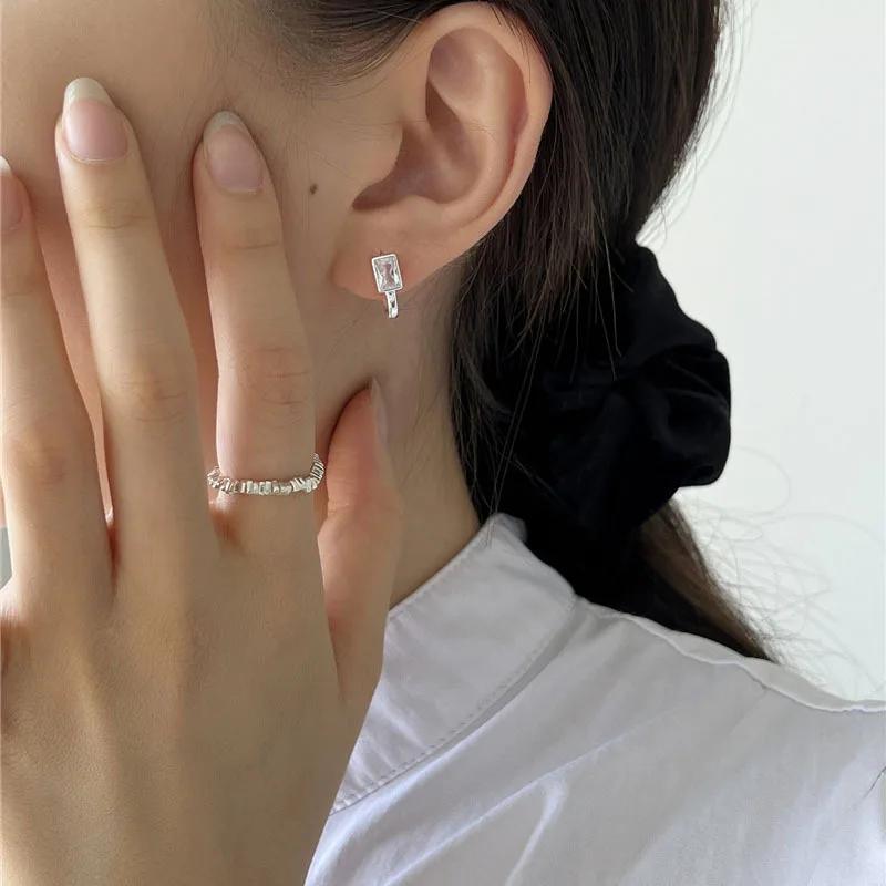PONYKISS S Sterling Silver Needle Zircon Square Huggies Earrings for Women Classic Fashion Minimalist Accessories