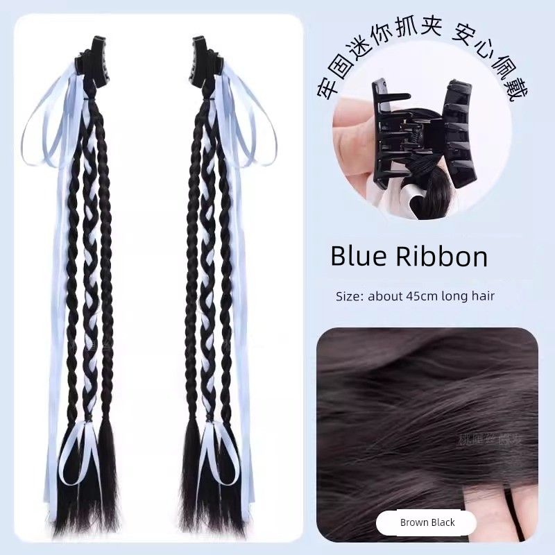 

Накладные косы женский аксессуар для волос с лентой-держателем для хвостика, низкого пучка, бантов, пара, кабельный шов, длинная коса, новый китайский парик Rabbit double braid [black Brown]-Blue Ribbon
