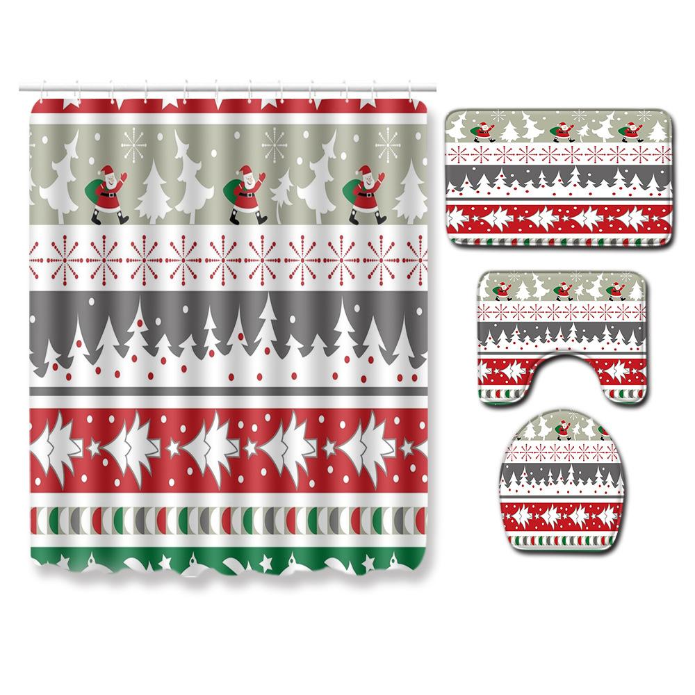 3D Digital Printing Christmas Waterproof Shower Curtain Four-Piece Bathroom Non-Slip Door Mat Toilet Absorbent Floor Mat Carpet