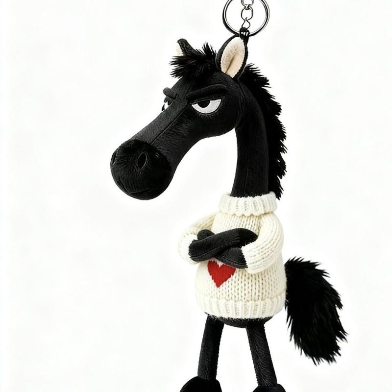 Popular Sky Selection High Cool Black Horse Keychains Soft Plush Mascot Car Pendant Sweater Knitted Baby Doll Key Rings for Women's Handbag Child Bags