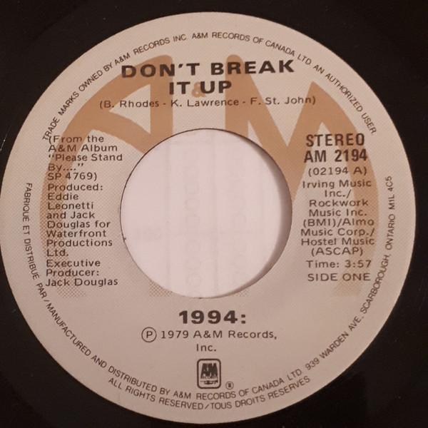 7inch Record 1994 - Don't Break It Up AM2194 A&M Records 1979 Canada Rock Used