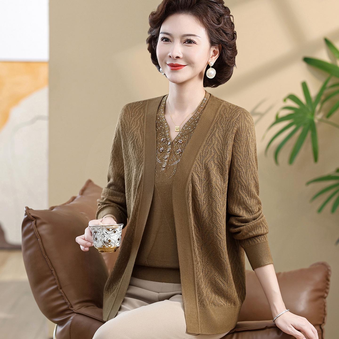 

Chic Spring Genuine Knitwear Two-Piece Set: Lightweight Mother s Sweater & Cardigan L (for 80-100 jin) кофейный