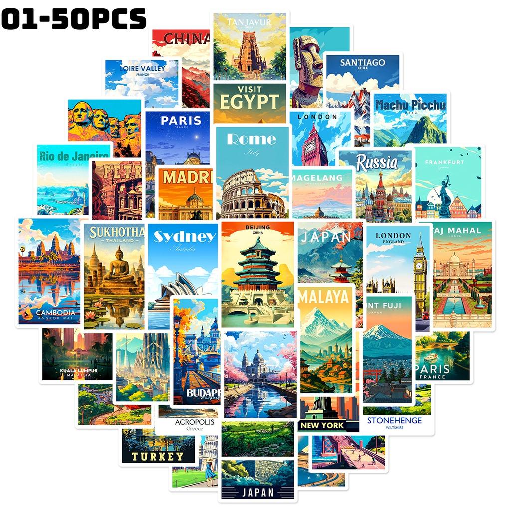 50Pcs/Set Famous City Landmarks Mini Poster Stickers DIY Fashion Waterproof Doodle Decals Stickers (2 Styles)