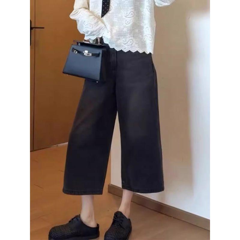 Plus Size Women's High Waist Wide Leg American Retro Jeans - Autumn New Style Loose Slimming Cropped Straight Leg Pants
