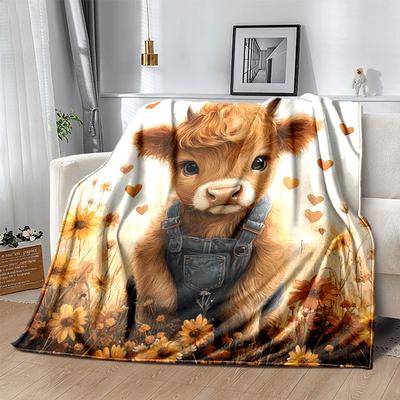 1pc Highland Cow Printing Lightweight Flannel Blanket, Comfortable and Warm Blanket, for Camping Sofa Bed and Couch Office, Suitable for Gift