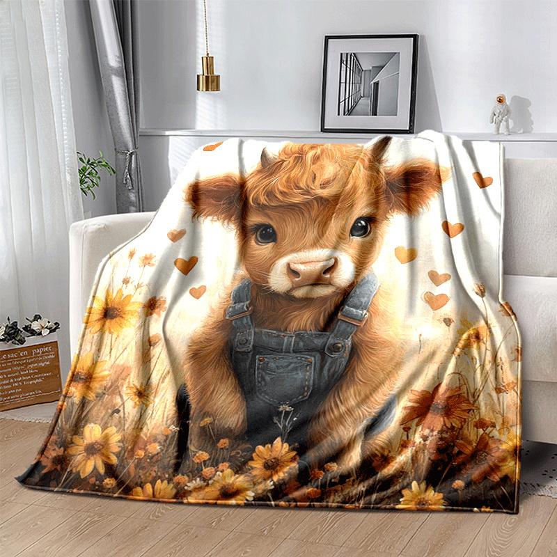 1pc Highland Cow Printing Lightweight Flannel Blanket, Comfortable and Warm Blanket, for Camping Sofa Bed and Couch Office, Suitable for Gift
