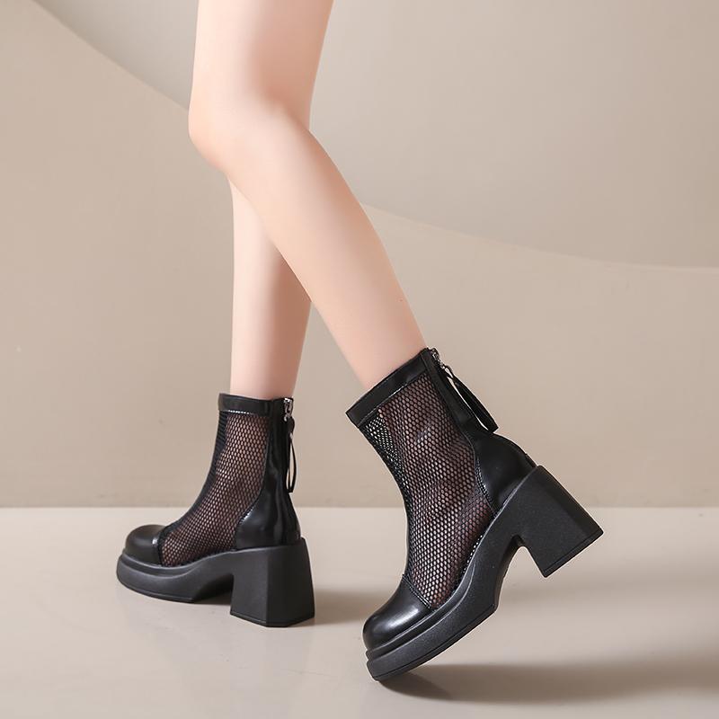 Fashion Women's Mesh Platform Boots Summer Chunky Heel Thick Bottom High Heels Breathable Non-slip Back Zip Shoes Botas  Mujer