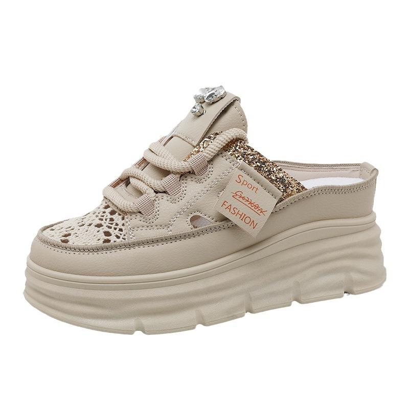 W3651 thick-soled heightening half-drag women's 2025 summer hollow-soled thick-soled casual shoes small white shoes women's slippers women's sandals