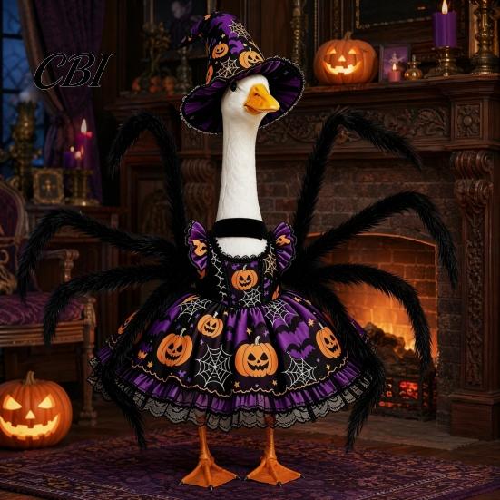 Porch Goose Costume 1 Set Halloween Spider Outfit, Pumpkin Cobweb Print Dress with for Yard Decoration Legs And Witch Hat, 23-Inch Statue Outdoor