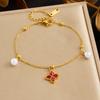 Gold Plated Clover Emerald Cubic Zirconia Pearl Bracelet