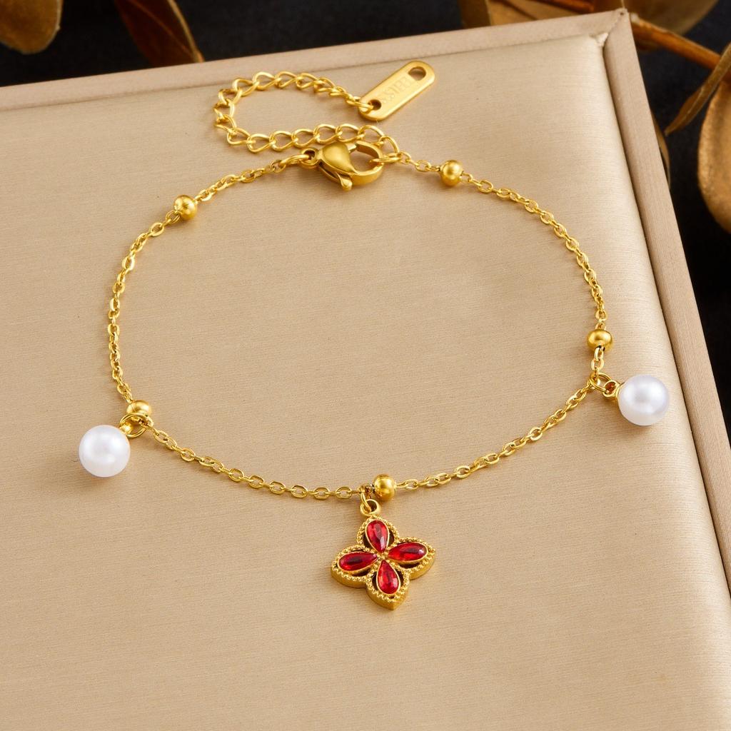 Gold Plated Clover Emerald Cubic Zirconia Pearl Bracelet