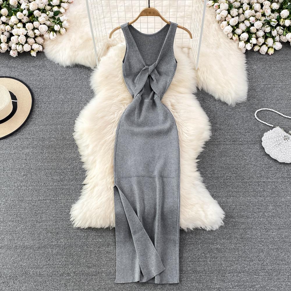 women's Ribbed Knit Maxi Dress Sleeveless Bodycon Split Hem Two Way Summer Long Dress