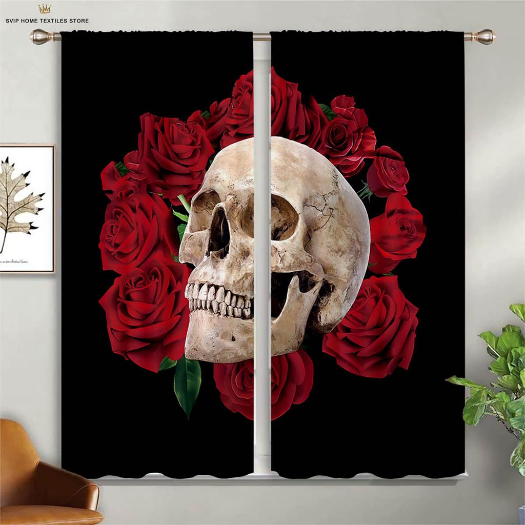 Colorful Pattern Floral Pattern Skull Style 3D Pattern Printing Window Curtains, Halloween Theme, Festival, Gathering Decorative Piece, Ideal For