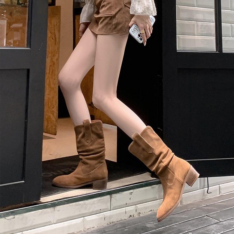 Fashion Super High Quality Women's Boots Autumn 2025 Fashion Pointed Chelsea Boot Pleated Suede Leather Women Knee Boots Banquet Party
