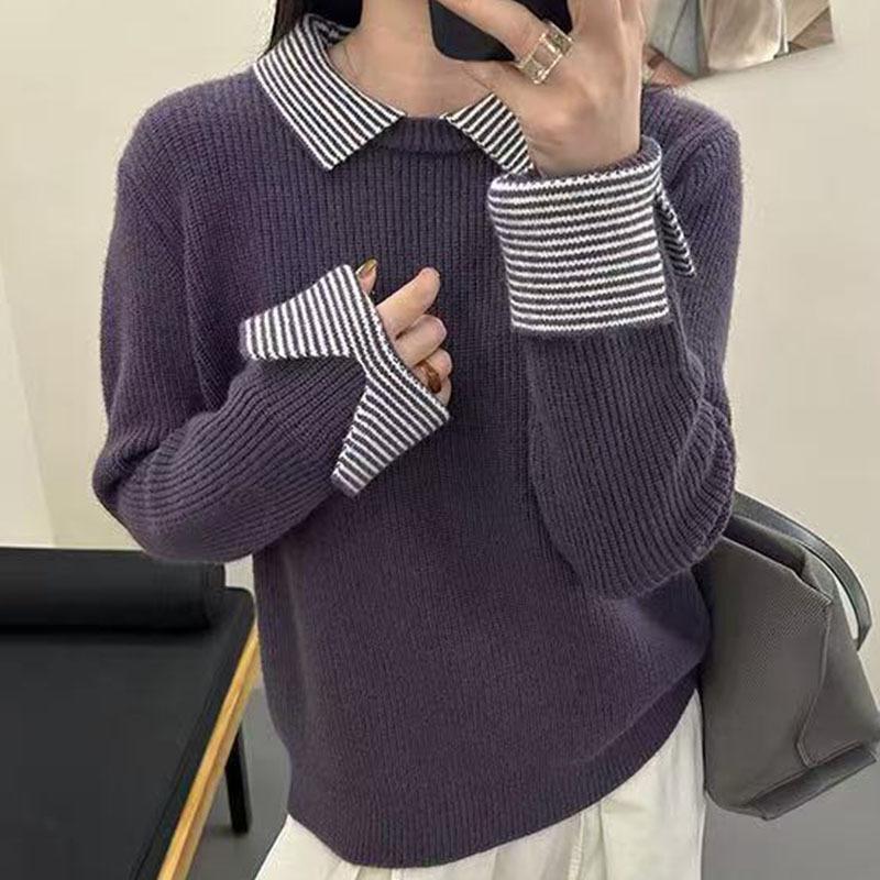 Women's Stylish Color-Block Wool Sweater with Dropped Shoulders, Double-Ribbed Collar, Perfect for Autumn and Winter Versatile Commute Wear.