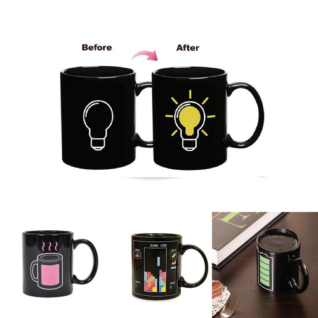 Farbwechselnde Keramiktasse mit Glühbirnen-, Tetris- und Batteriemuster zum Verschenken und für Werbezwecke