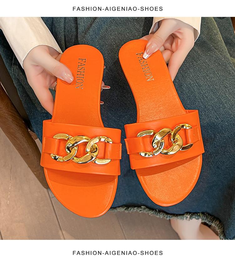 Fashion 2025 New Flat Leopard Women'S Slippers New European American Metal Chain Square Toe Flat Shoes Women'S Sandals Slippers Zapatos