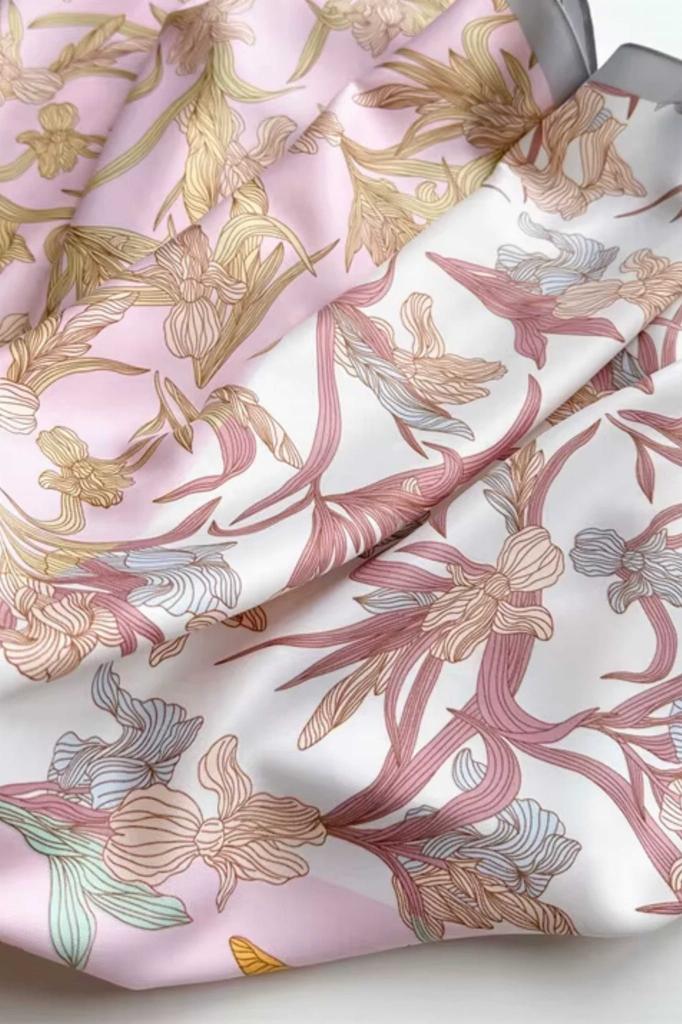 Women' Scarf 90X90 "Rose Garden" - Pastel Scarf with Floral Pattern, Imitation Silk