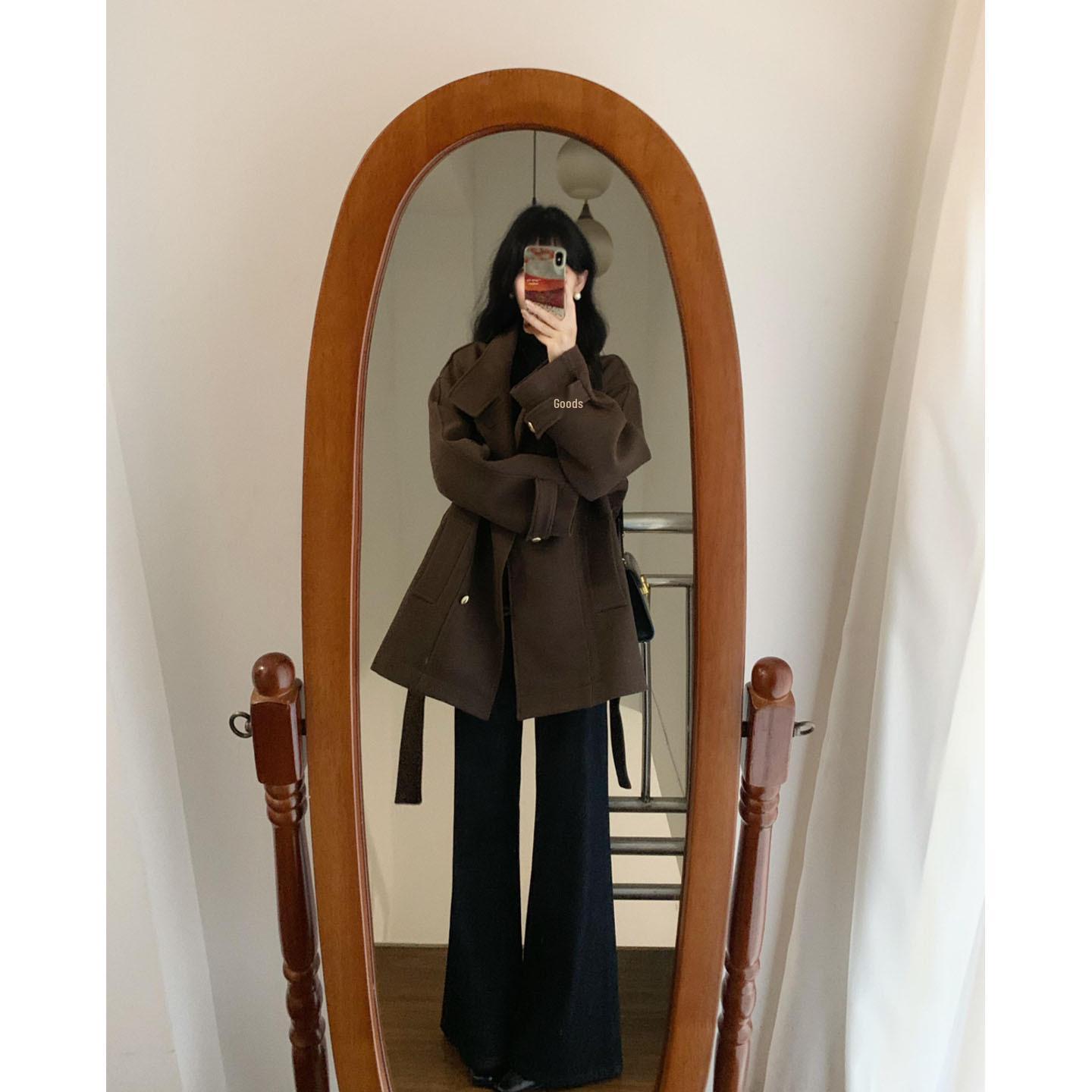 

Элегантное корейское короткое шерстяное пальто с воротником-стойкой - Стиль Хепберн для petite, на осень и зиму L коричневый