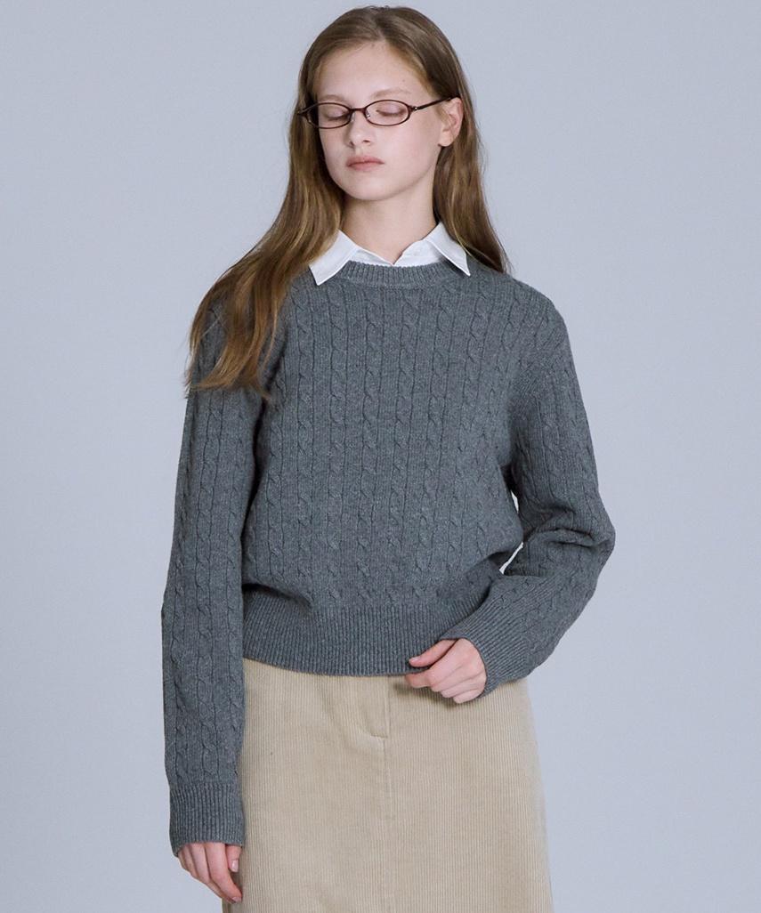 Basic House Women S Cable Round Neck Crop Knit Grey Lykt7201 Mg/085