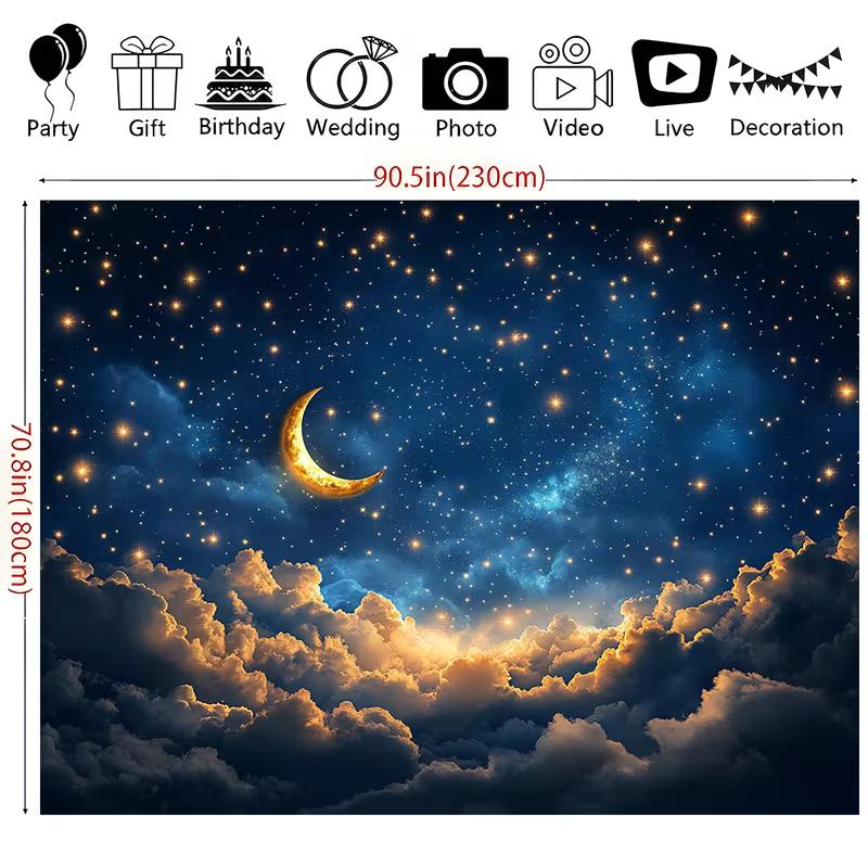 2D Golden Moon Backdrop, Starry Night Sky with Sparkling Stars & Clouds Background Cloth