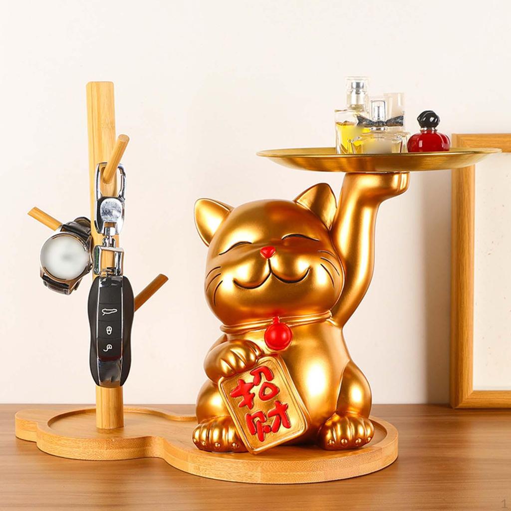 Kattenbeeldje met Metalen Schaal, Standbeeld Geluk Decoratie, Dierlijk Ornament Snoepschaal