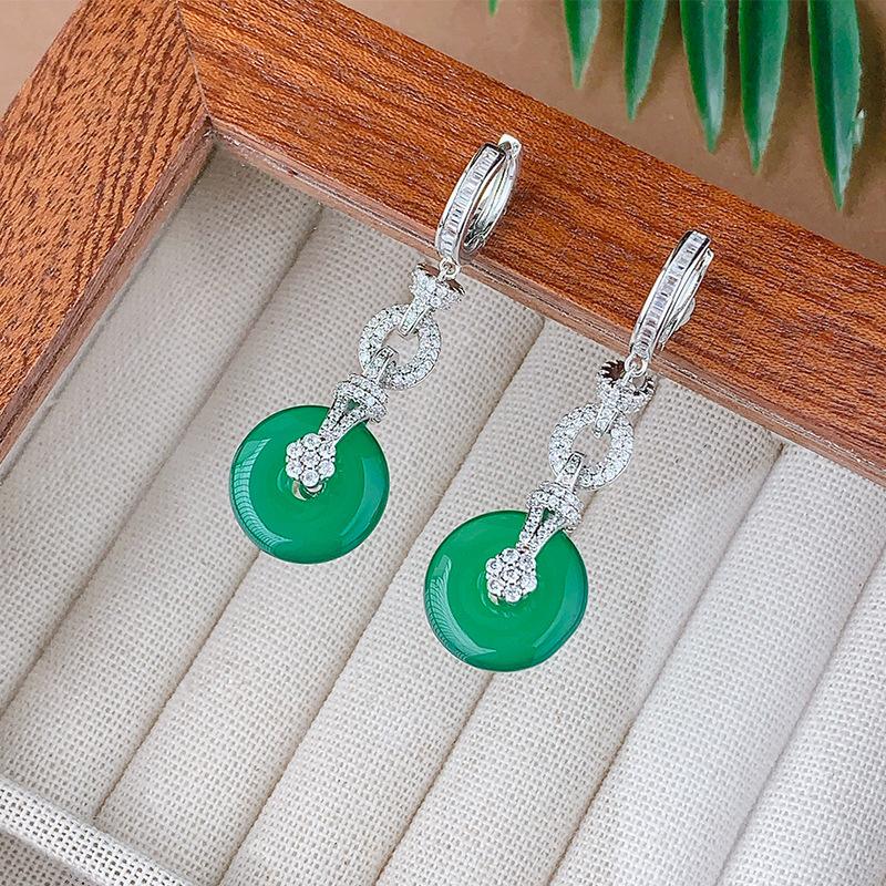 Set Bijuterii Accesorii Imitatie Calcedonie Verde Împărat Natural Cercei Colier Inel Cataramă de Siguranță Femei Vintage Premium
