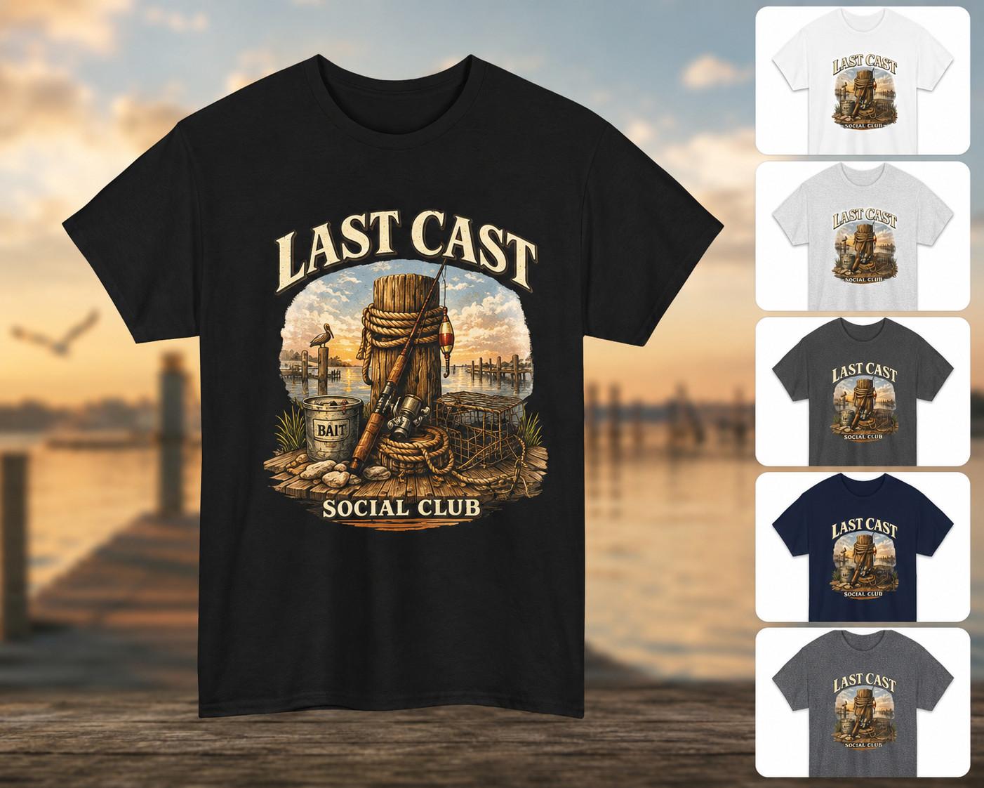 Last Cast Social Club Fishing T-Shirt Vintage Angler Fisherman Dock Life Tee S