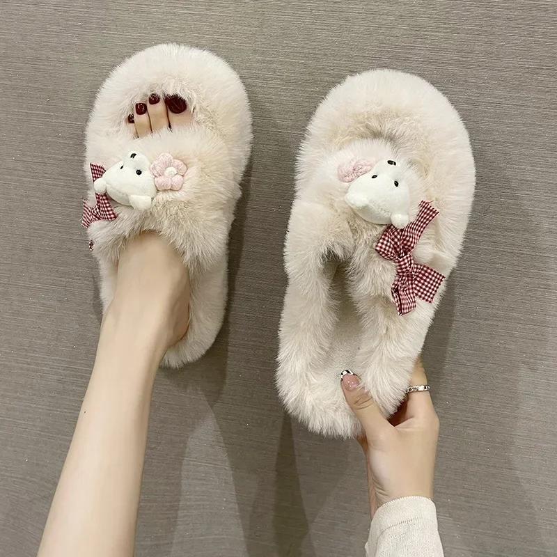 Papuci de Iarnă la Modă Femei Urs Drăguț Cruce Papuci cu Blană Pufoasă Diapozitive de Casă Platformă Plată Interior Podea Șlapi Femei Pantofi Dama88