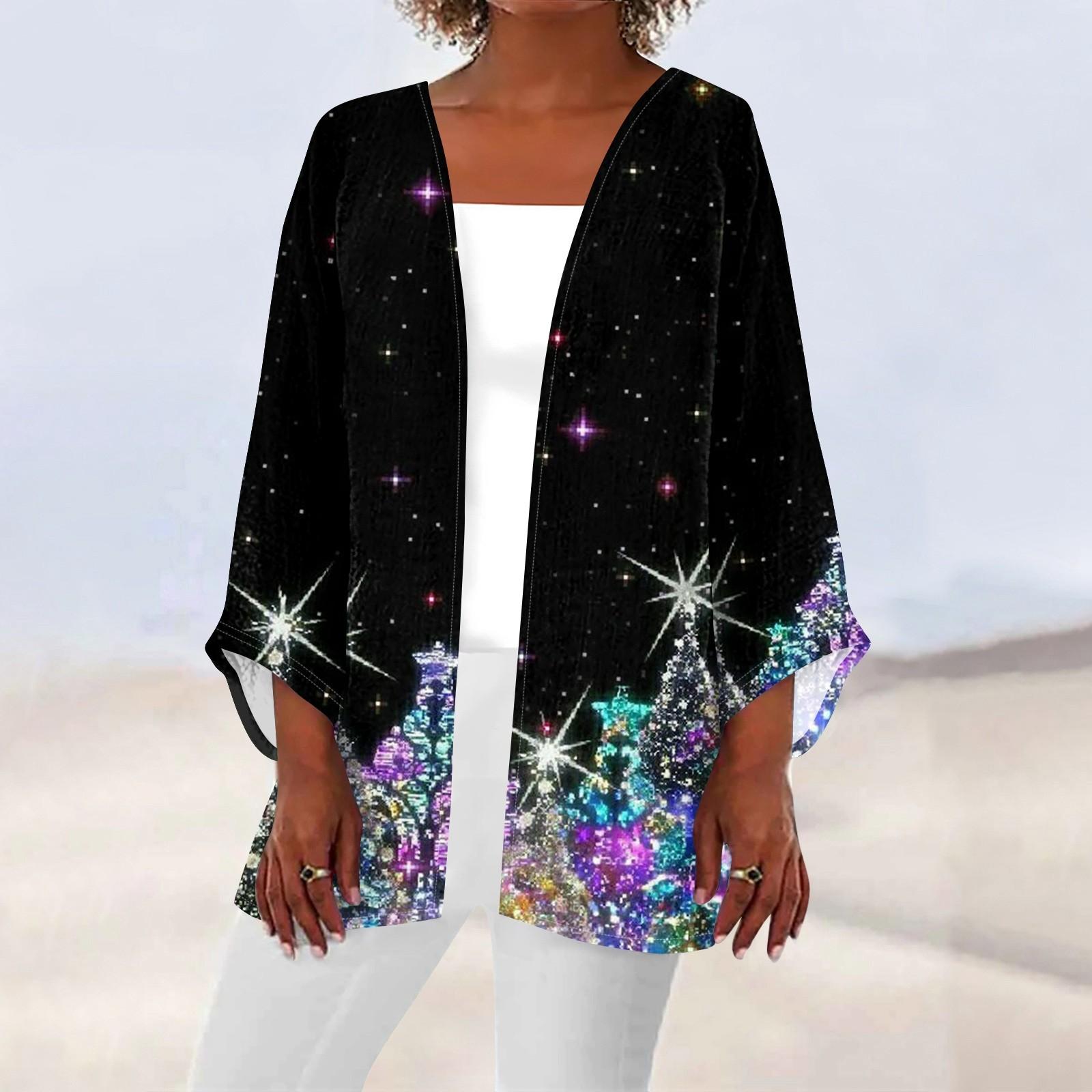 

Женская повседневная мода с рождественским принтом легкая куртка средней длины кардиган XXL чёрный