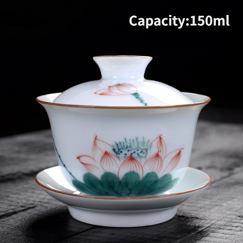 Jingdezhen-Porcelain Tea Set, Ceramic Teacups and Saucers, Handpainted Lotus, Travel, Easy Gaiwan, Porcelain Cup, Tableware