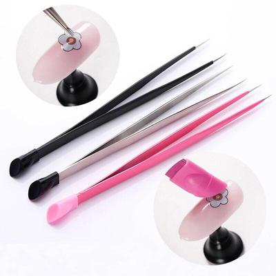 1Pc 2 Heads Straight Nail Tweezers with Silicone Pressing Head for 3D Sticker Rhinestones Water Sticker Picker Nails Tools