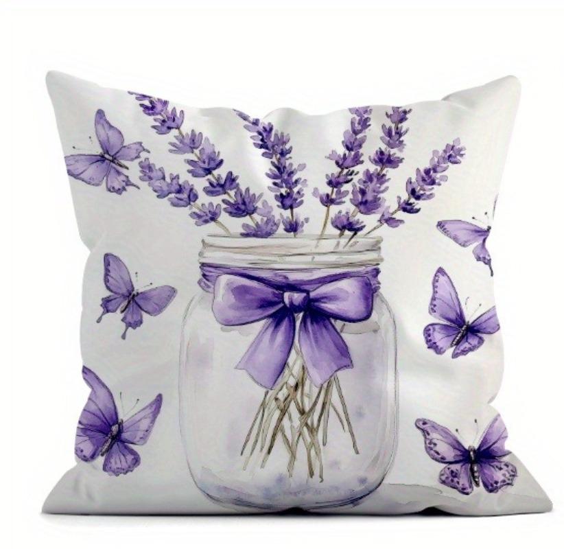Polyester Purple Lavender Print Cushion Covers, Skin Velvet Zipper Closure Machine Washable Throw Pillow Cases for Home Decor