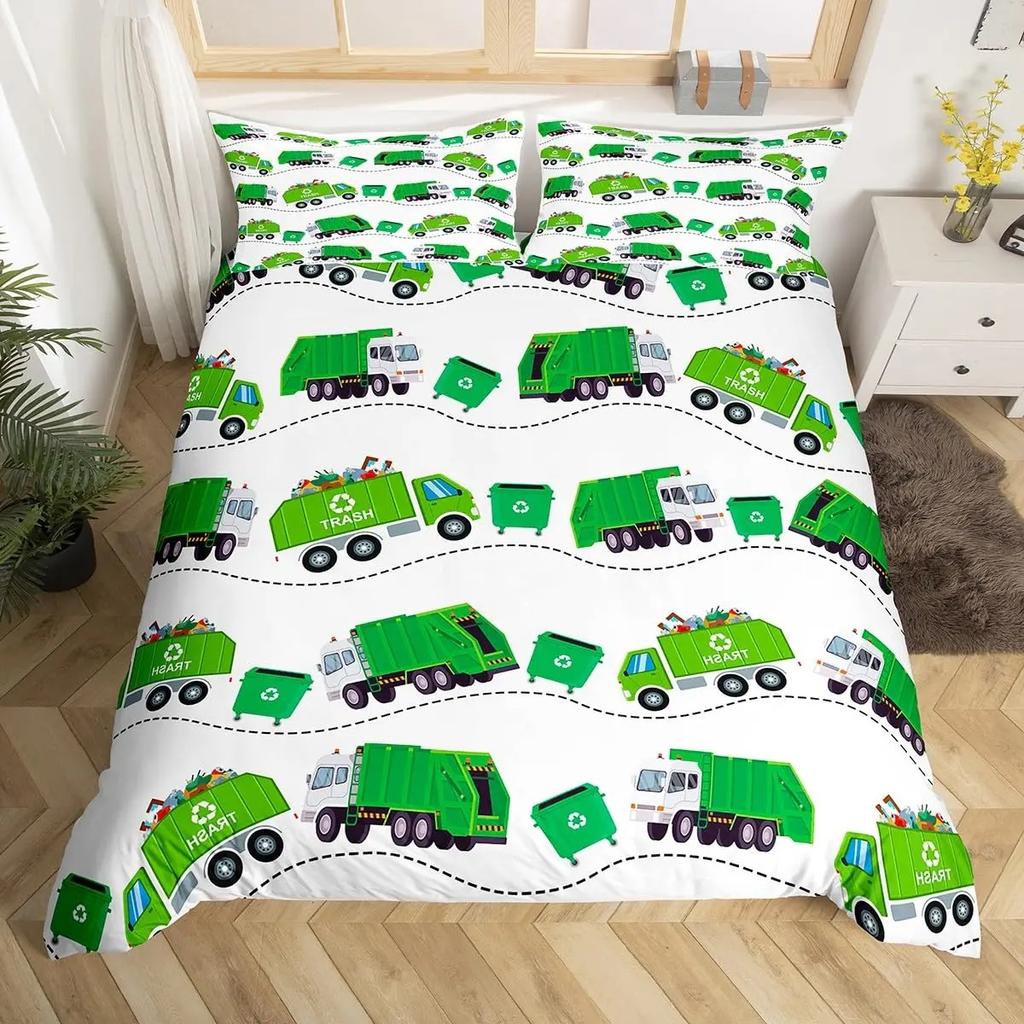Cartoon Garbage Truck Duvet Cover Green Trash Truck Bedding Set Green Vehicle Car Comforter Cover Garbage Truck Toy Quilt Cover
