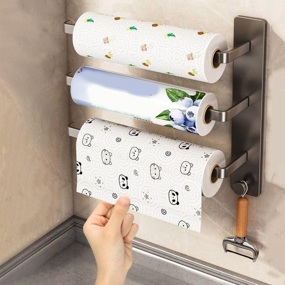 Wall Mounted Paper Towel Holder Carbon Steel Cling Film Storage Rack Roll Paper Dispenser  Bathroom