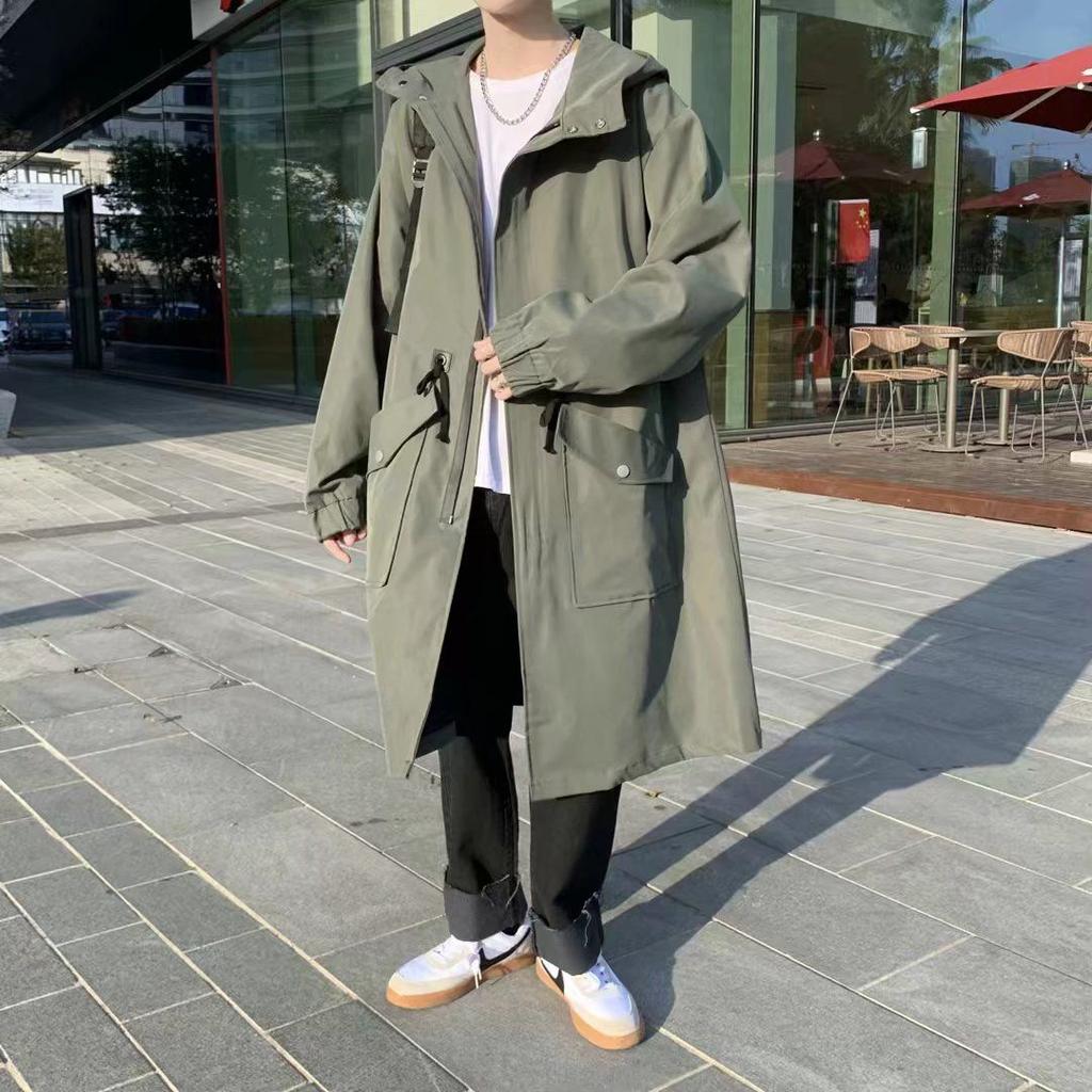 Jarní a podzimní mládežnická větrovka pánská ve stylu Hongkongu středně dlouhá ležérní s kapucí korejská edice trendy pánský kabát