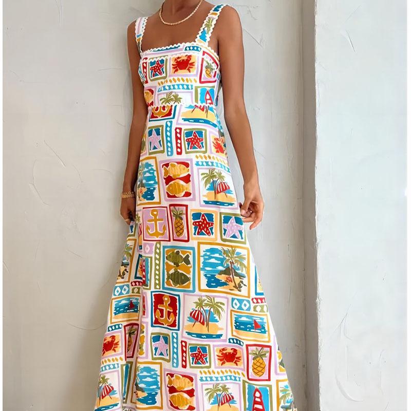European and American Women's Clothing, New Spring Models, Personalized Graffiti Printing Suspender Tube Top Swing Dress