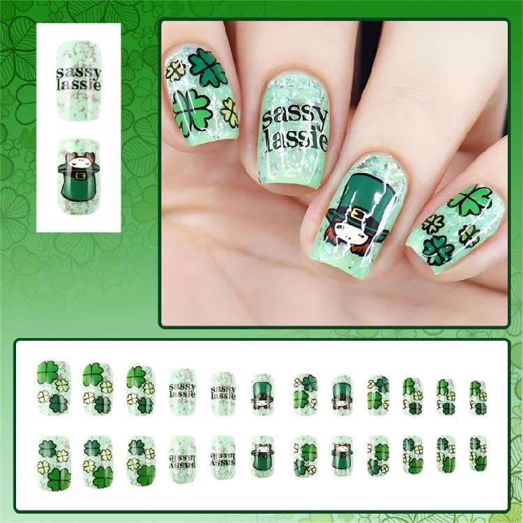 24Pcs Short Coffin Style False Nail With Patrick's Day Green Shamrock Design Artificial Nail For Fashionable Women