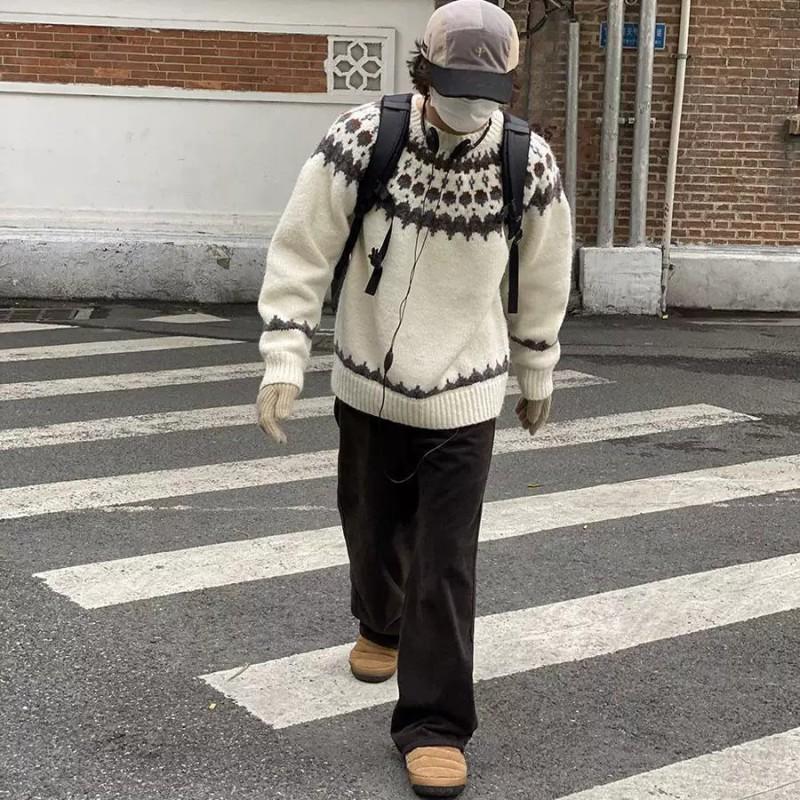 Vintage Fair Isle Crewneck Sweater Couple Nordic Heavy Knit Top American Retro