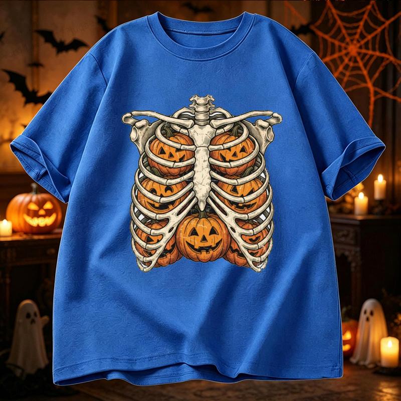 Halloween Skeleton Rib Cage Pumpkin Graphic T Shirt Vintage Chest Bone Print Tees Short Sleeve Unisex Gothic Holiday Casual Tops