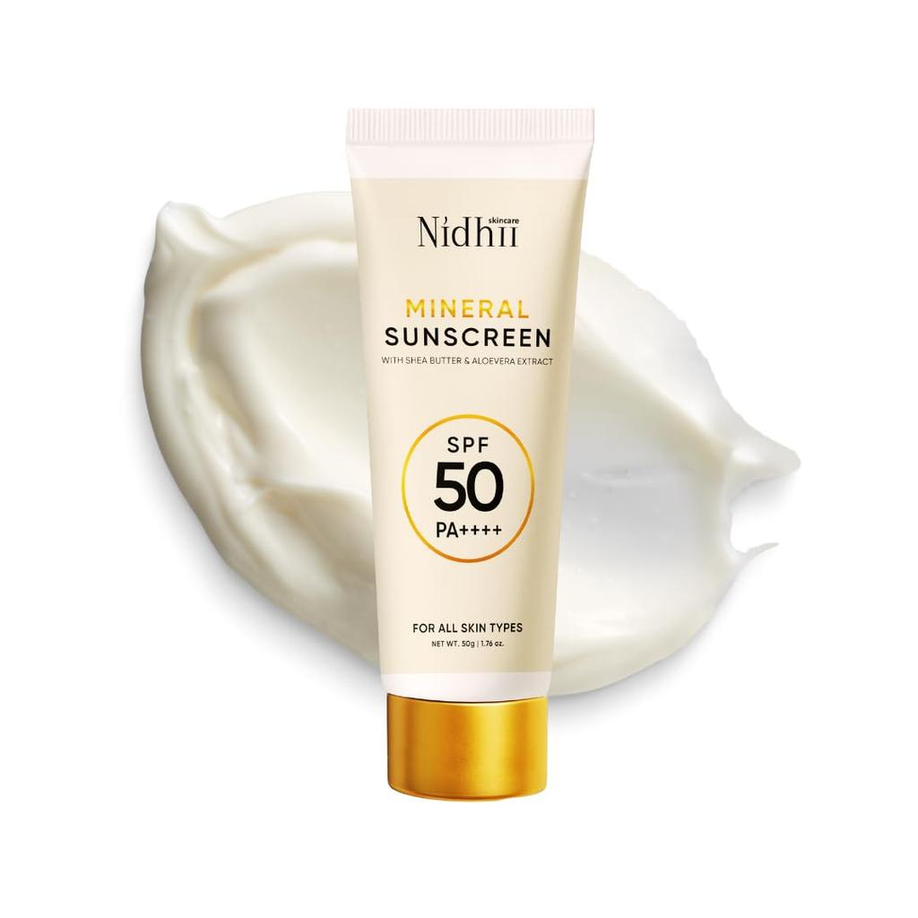 Nidhii Skincare Mineral Sunscreen SPF 50 PA++++ | With Shea Butter, Aloe Vera, Beeswax & Glycerine | Broad Spectrum UVA/UVB Defence | Lightweight N