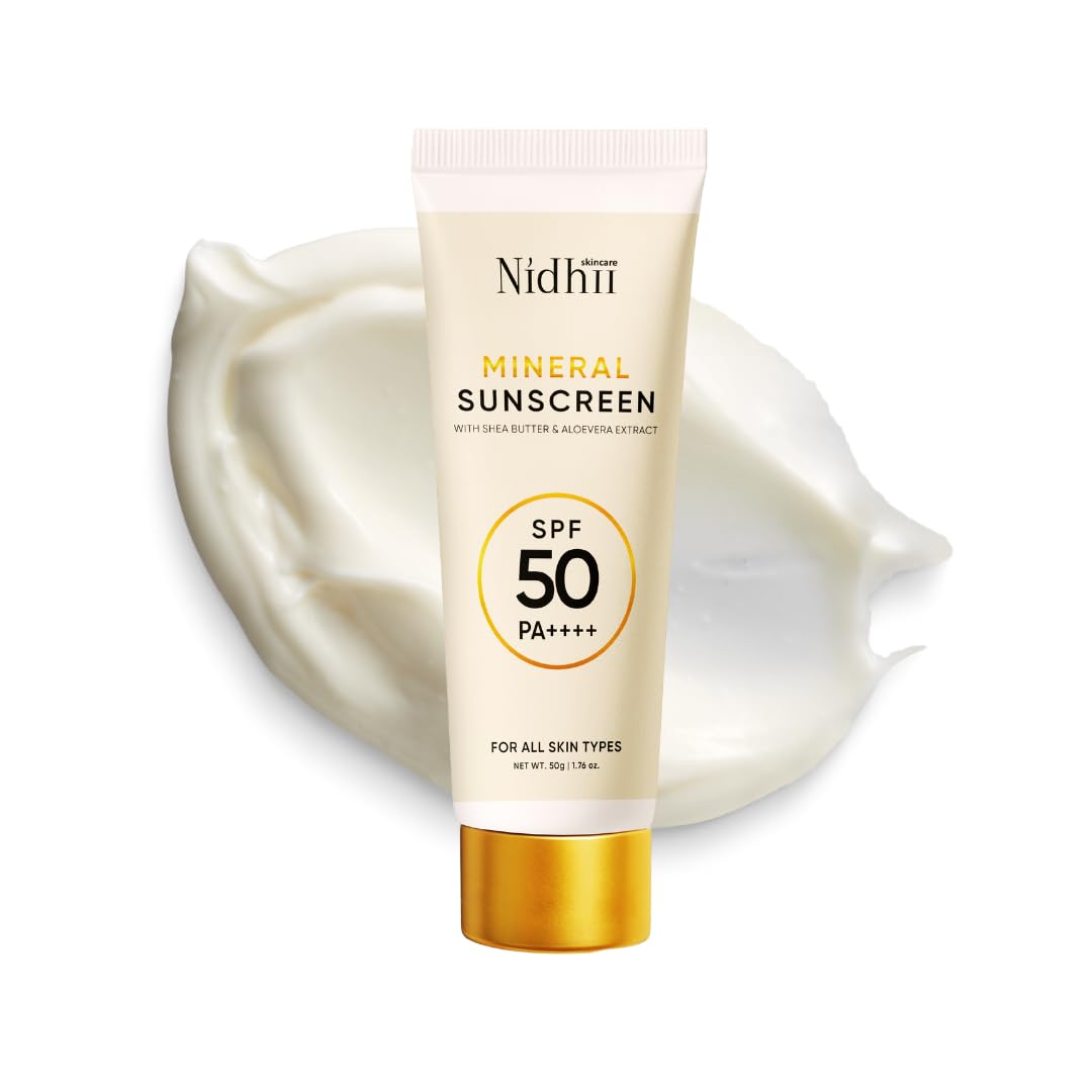 Nidhii Skincare Mineral Sunscreen SPF 50 PA++++ | With Shea Butter, Aloe Vera, Beeswax & Glycerine | Broad Spectrum UVA/UVB Defence | Lightweight N